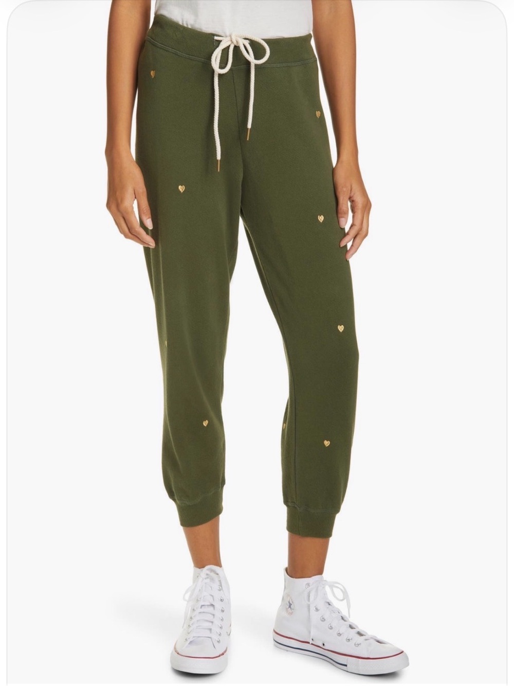 THE GREAT $225 The Stadium Sweat Pant. Olive Green with Gold Heart Embroidery